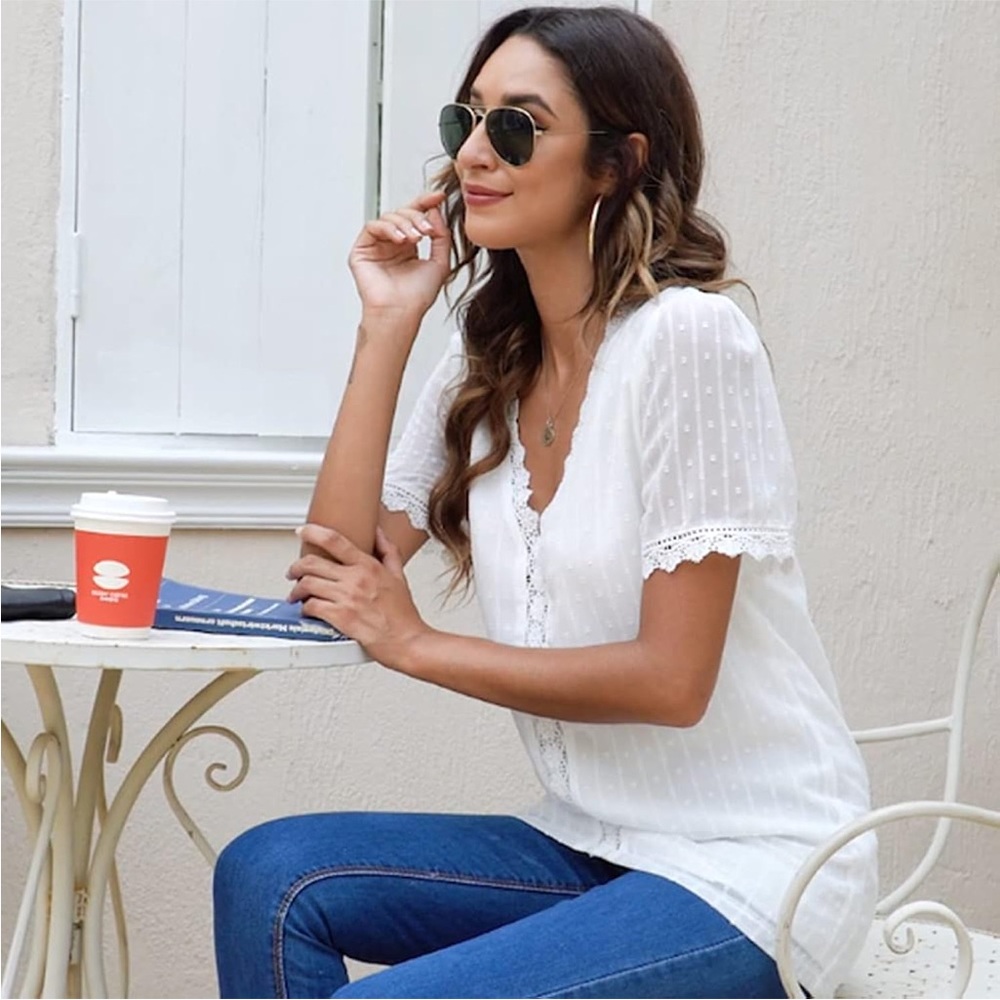 White V-Neck Tunic with Short Sleeves - Picture 2 of 8